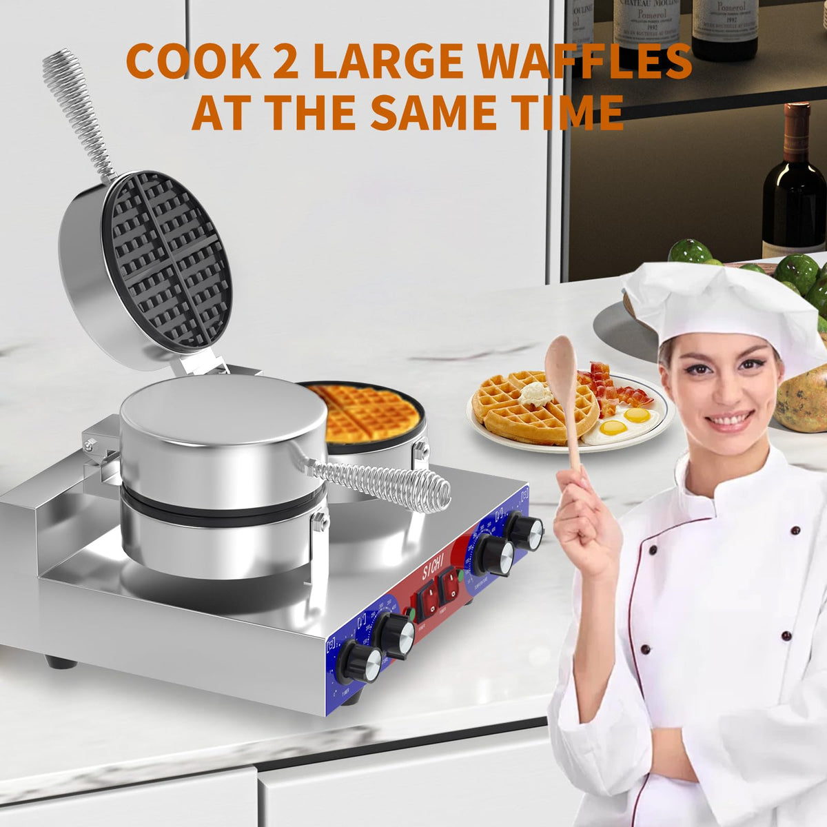 HTTSICHI Waffle Maker - Commercial Waffle Iron w/Two Non-stick 7 in Baking Pans, 550 ℉ Temperature and Timers, 2400W Dual Waffle Machine for Double Baking, Stainless Steel Waffle Maker for Restaurant