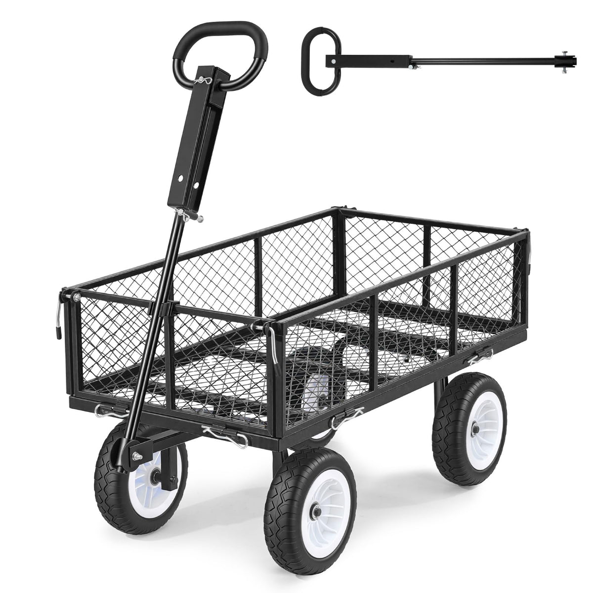 VEVOR 900 LBS Steel Garden Cart, 2 in 1 Handle, Heavy Duty Pullable Garden Wagon with 10" Flat-Free Tires, Outdoor Utility Yard Wagon Cart with Detachable Side Panels, Attach to ATV or Tractor