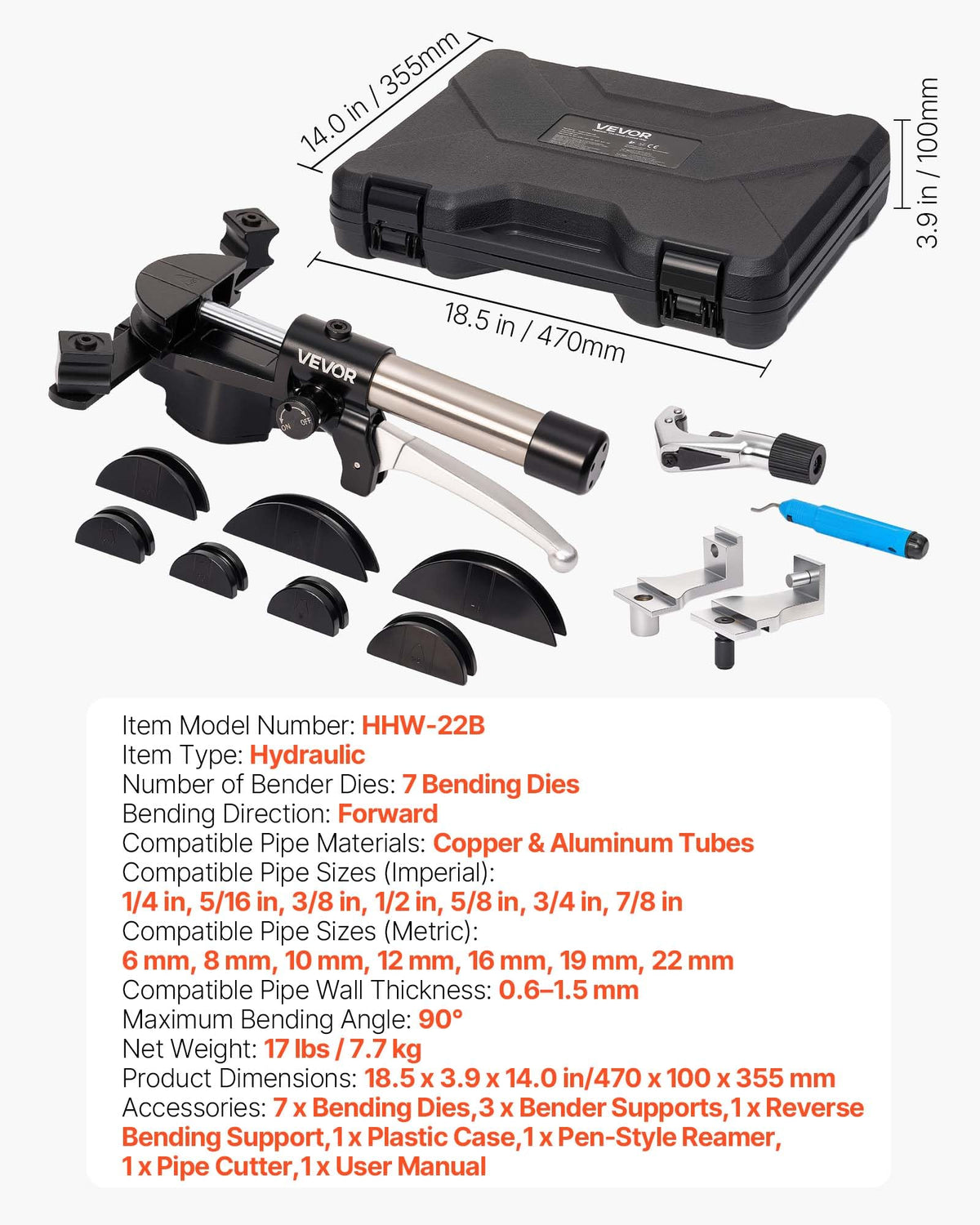 VEVOR Hydraulic Tubing Bender Kit, 1/4 to 7/8 Inch, Copper Tube Pipe Bender, Forward/Reverse HVAC Bending Tool Set, with 7 Aluminium Alloy Dies, for HVAC Air Conditioning Refrigeration Auto Repair