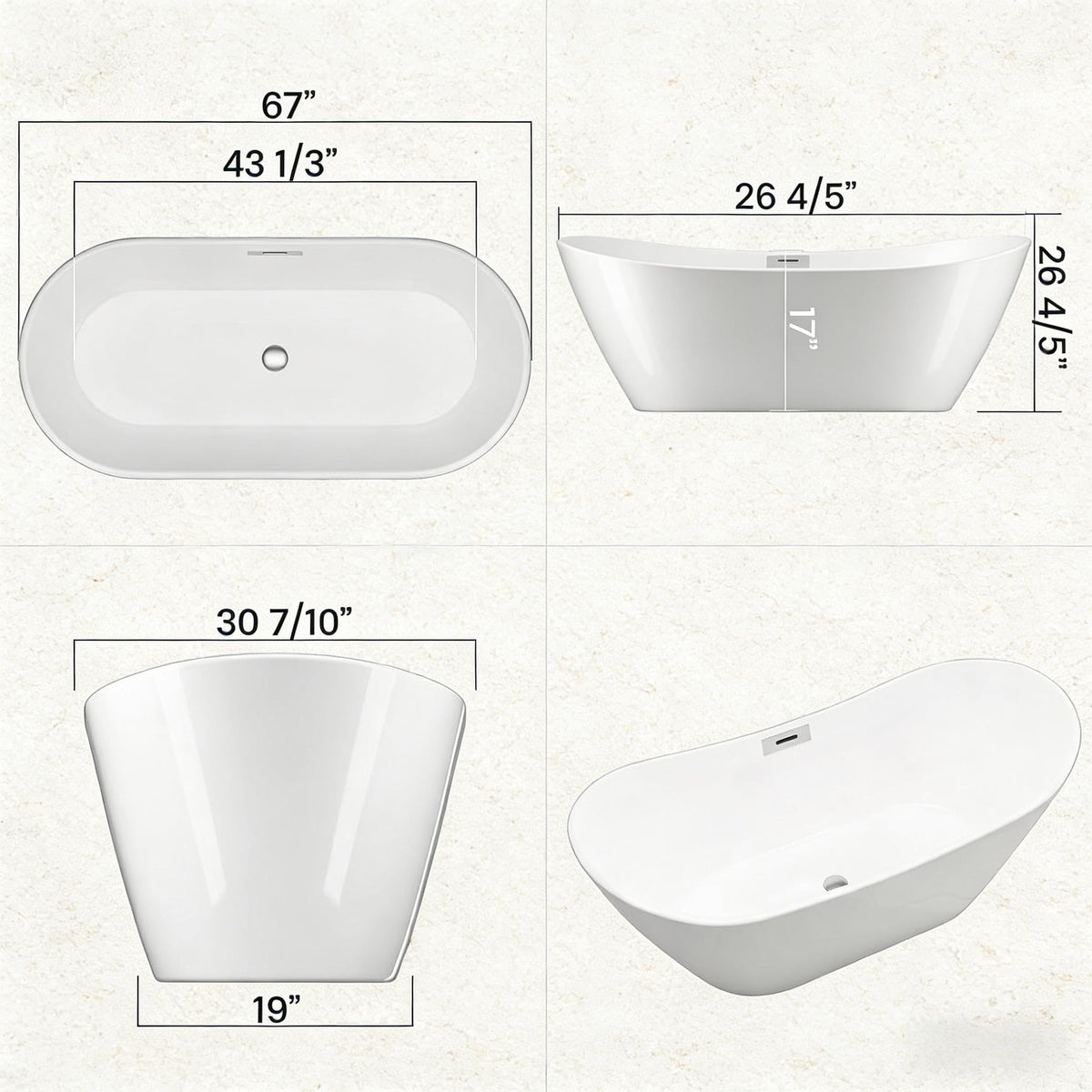 Garvee 67" Acrylic Freestanding Bathtub, Modern Deep Soaking Tub, cUPC Certified Free Standing Tub, Chrome Drain/Overflow, White Acrylic, Sky White