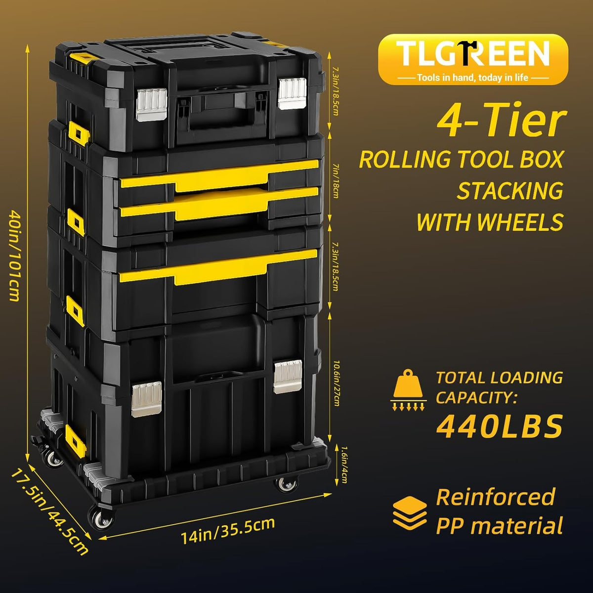 TLGREEN Rolling Tool Box with Wheels, Stackable Design – 4-in-1 Modular Tool Box Organizer, Portable Tool Box with Drawers for Garage Storage, Home Repairs & Workshop Use