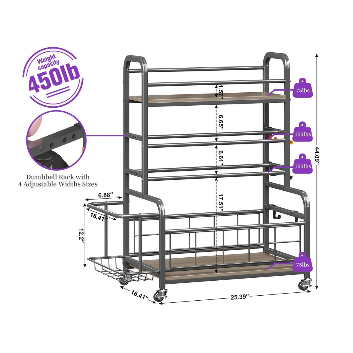 Homeiju Dumbbell Rack,Weight Rack for Home Gym, Home Gym Storage for Dumbbells Kettlebells Yoga Mat and Strength Training Equipment,Weight Storage Rack for Dumbbells with Wheels&Hooks(Grey)