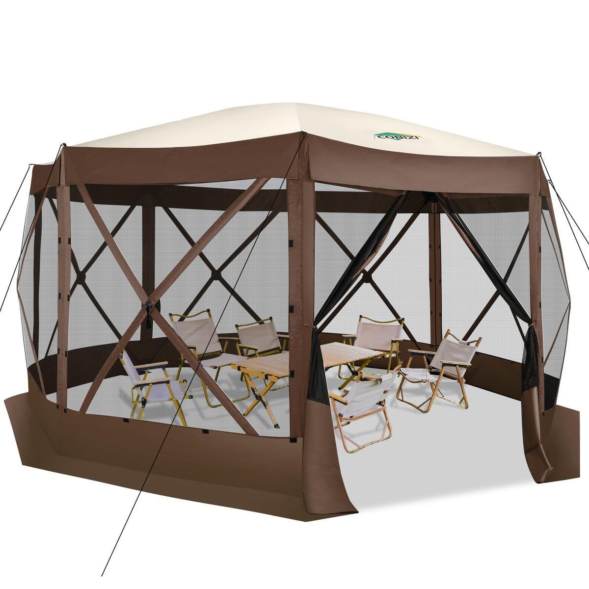 COBIZI 15x15FT Pop Up Gazebo Screen Tent Screen House for Camping, Screen Room with Mosquito Netting, Hub Tent Instant Screened Canopy with Carrying Bag and Ground Stakes, Brown