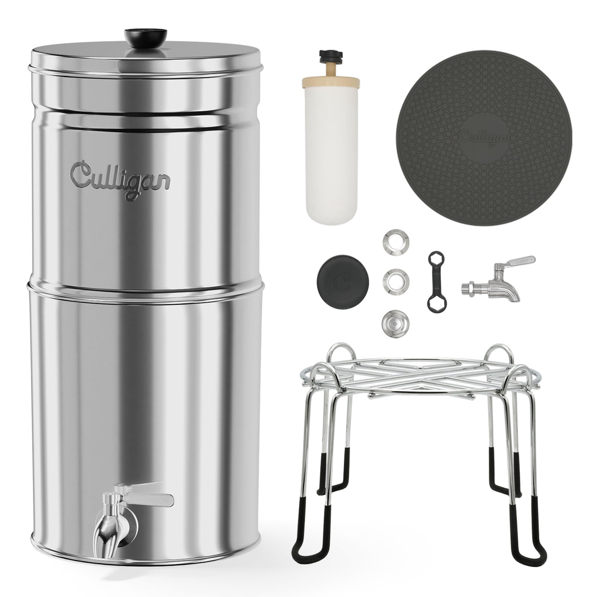 Culligan MaxClear 2.25 Gallon Gravity Water Filter System Removes Microplastics, PFAS & Lead, NSF/ANSI Certified, Polished Stainless-Steel Countertop Filter with 4 Ceramic Filters
