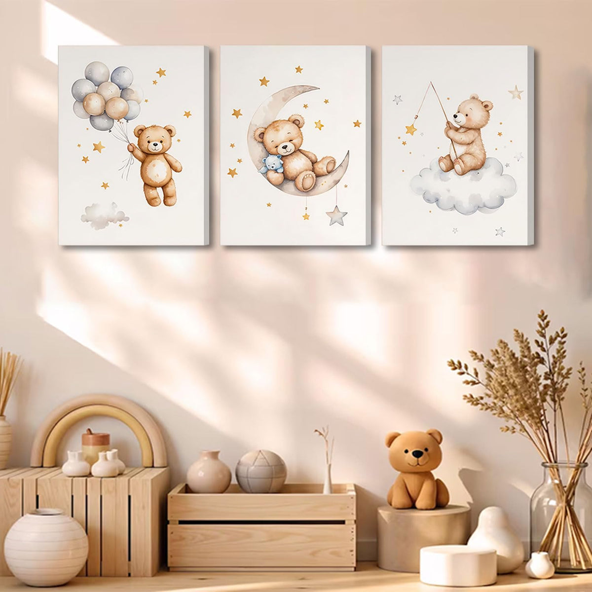 3 Pcs Framed Teddy Bear Nursery Canvas Wall Art Bear Sleeping on The Moon and Stars Wall Decor Pictures Balloon Cloud Neutral Poster Prints for Kids Baby Room Kindergarten Home Decoration 12x16in