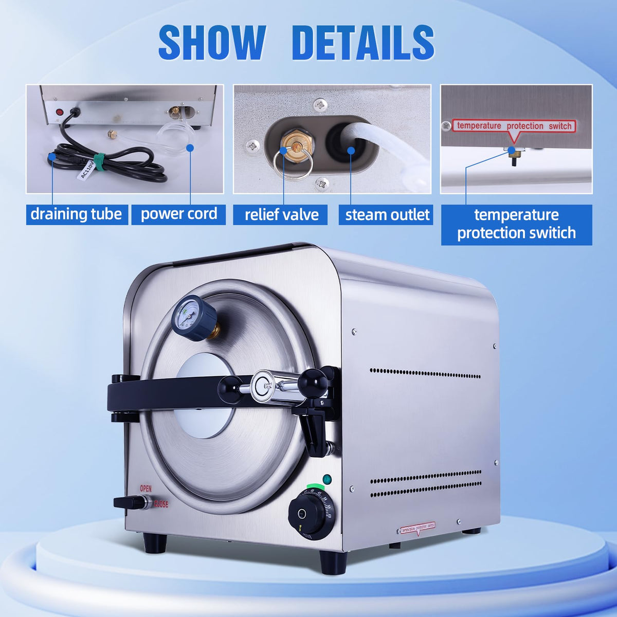DACAT-RICHFU TR250E 14L Autoclave High Pressure Steam Machine for Dental Lab Salon 251.6°F Professional Stainless Steel Equipment with 3 Trays and Pressure Gauge 900W