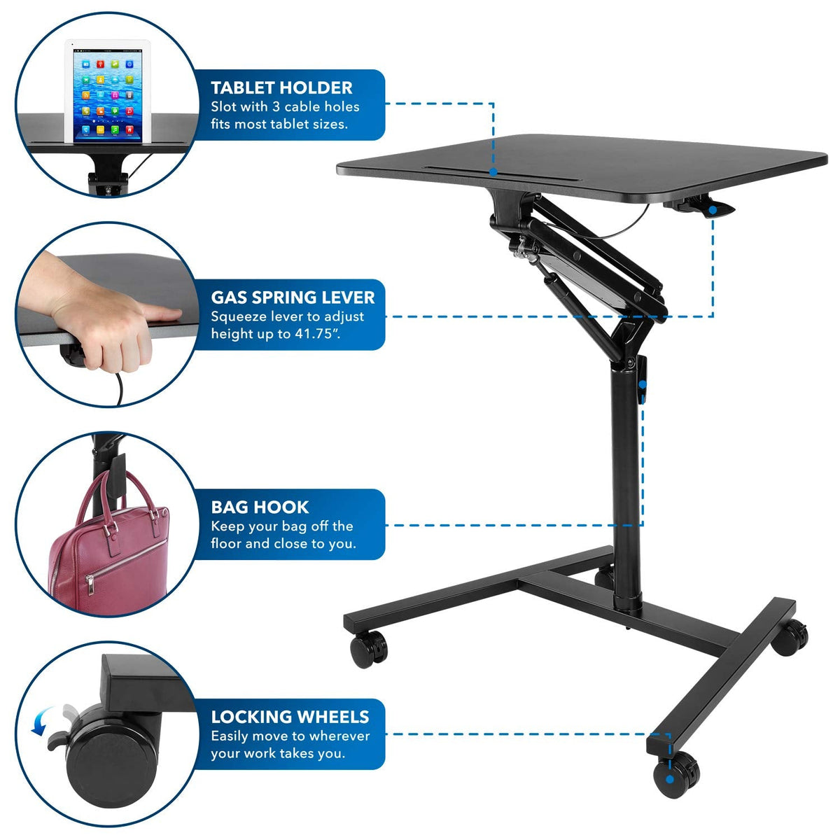 Mount-It! Mobile Standing Desk for Laptop with Wheels, Gas Spring Height Adjustable Rolling Workstation Cart, 27" x 20" Laptop Desk on Wheels, Portable Computer Desk for Home Office, Classroom