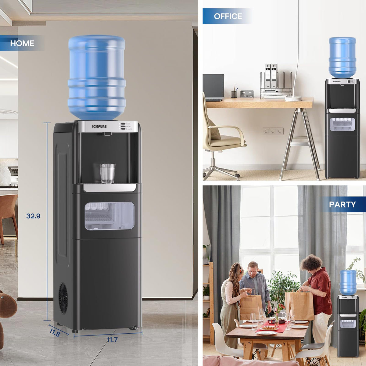ICEPURE Water Cooler Dispenser with Build-in Ice Maker, Hot and Cold Water Dispenser with Bullet Ice Maker, 33lbs/24H, Child-Lock,Top Loading