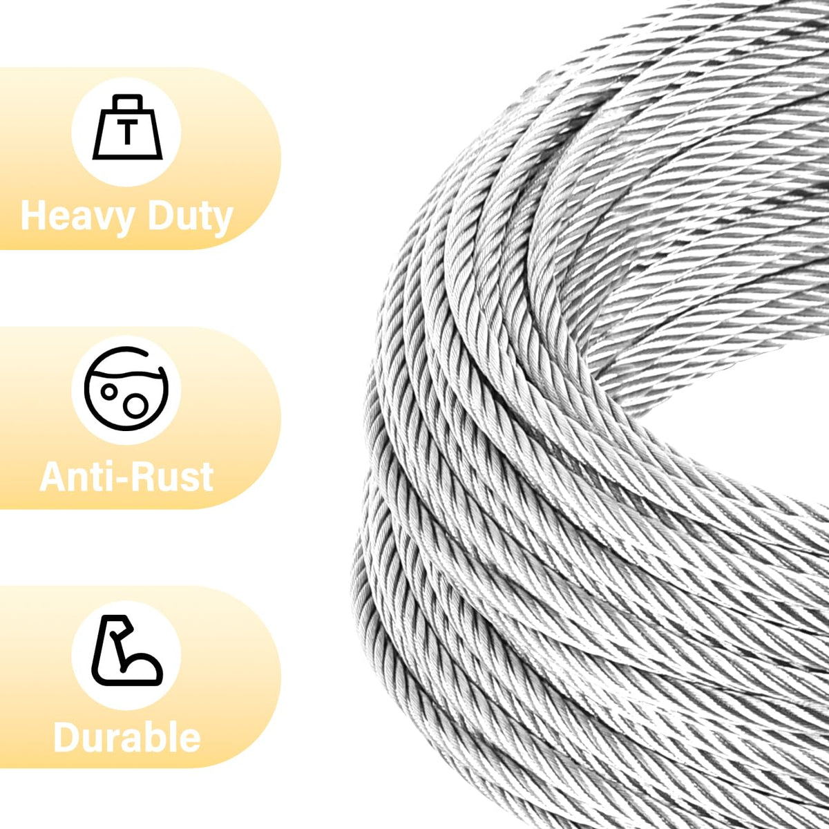 5/16" Steel Cable, Sunuwk 150Ft 7x19 Strand Aircraft Cable with Loops, 9800 Lbs Breaking Strength, Heavy Duty Wire Rope with Clamps and Thimbles, for Zipline, Fencing, Deck Railing, Winch Cable
