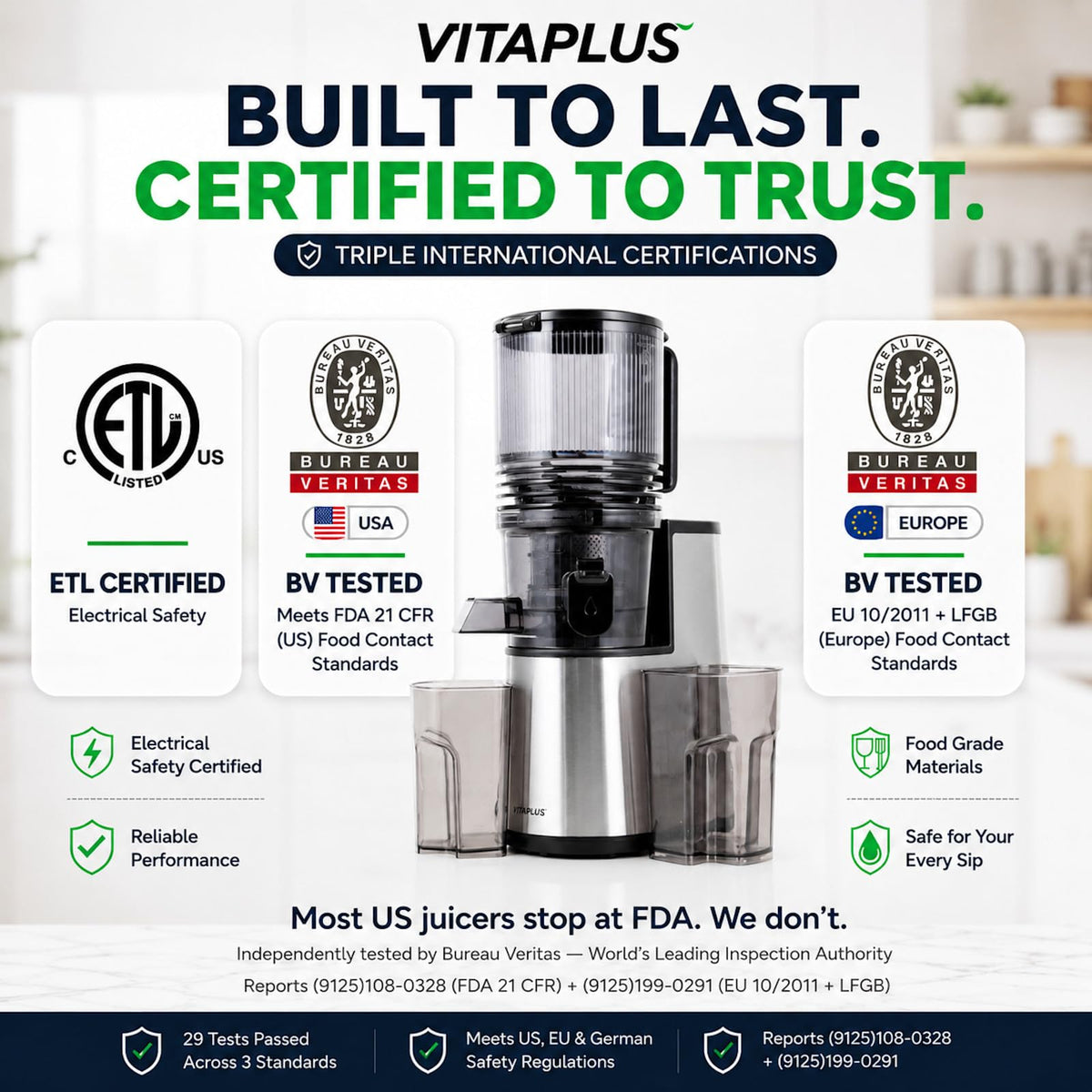 VITAPLUS Stainless Steel Auger Cold Press Juicer, AC Motor Slow Masticating Juicer, Plastic-Free Extractor for Whole Fruits & Vegetables, 5.8" Wide Chute, BPA-Free, Easy to Clean, FDA21 CFR Tested
