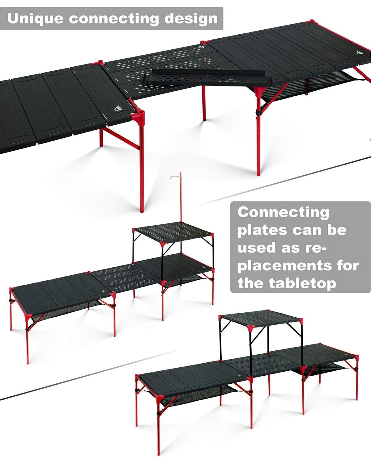 iClimb 3 Extendable Folding Table S and 2 Pack Connecting Plates and 2 Lantern Hanger Bundle, Ultralight Compact for Many People Camping Backpacking Beach Concert BBQ Party