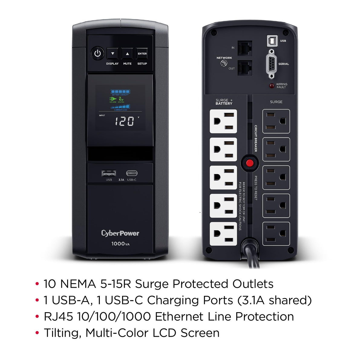 CyberPower CP1000PFCLCD PFC Sinewave UPS Battery Backup and Surge Protector, 1000VA/600W, 10 Outlets, AVR, Mini-Tower, UL Certified