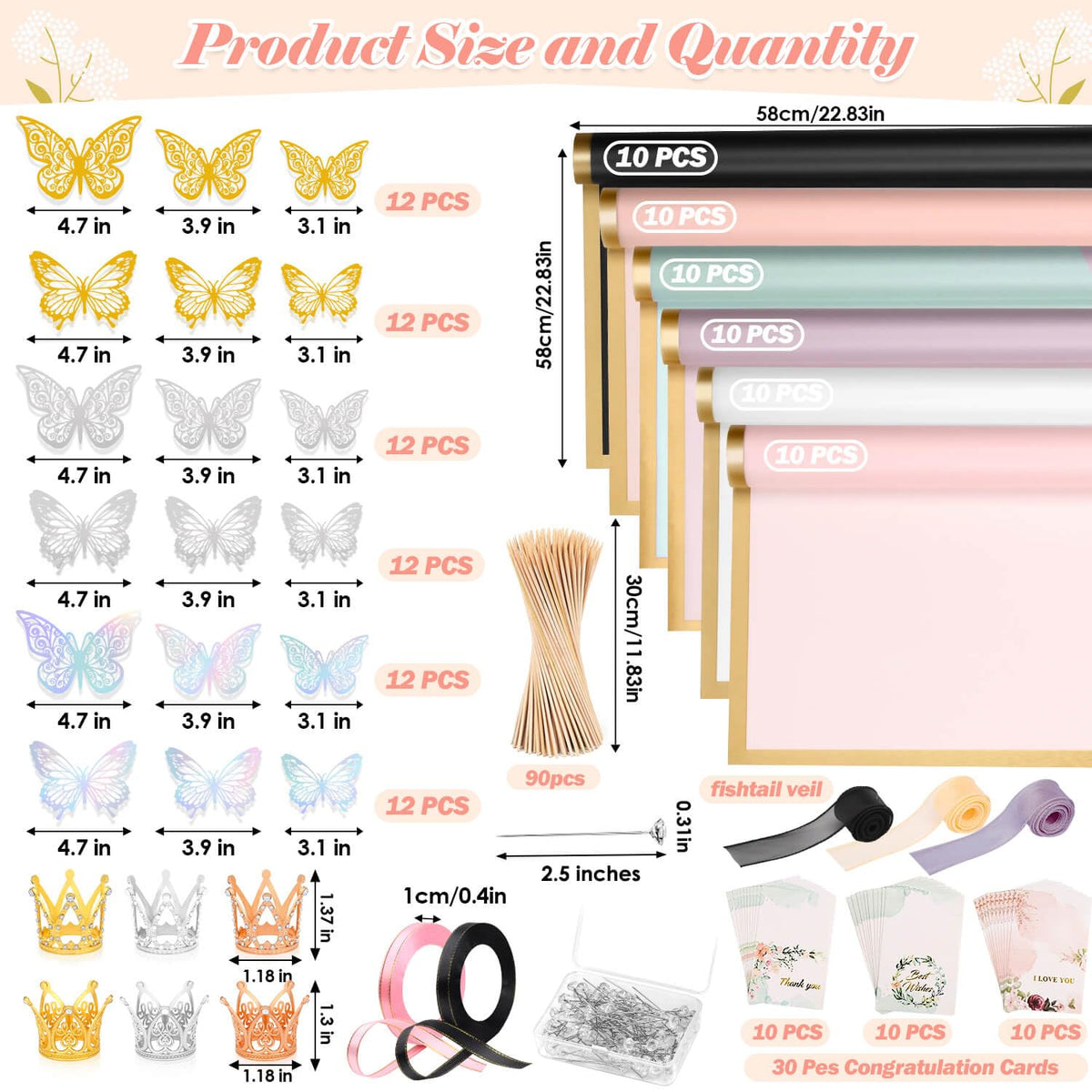 Tetutor 366 pcs Flower Bouquet Wrapping Paper,Waterproof Flower Floral Wrapping Paper Bouquet Sheets With Ribbons Pins 3D Butterflies and Crowns for Florist Wrap