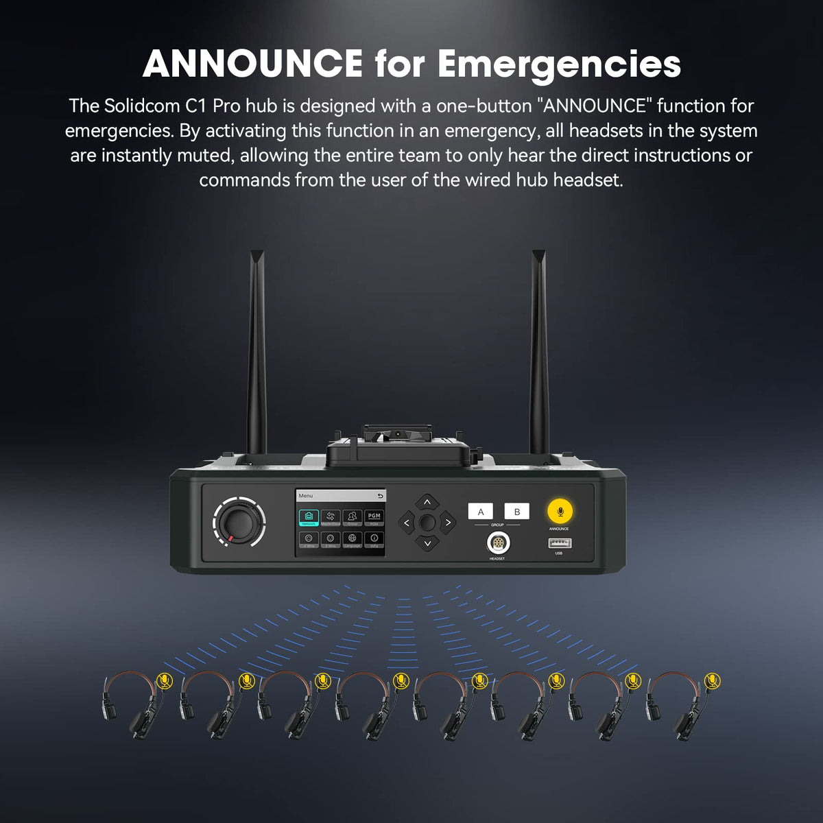 Hollyland Solidcom C1 PRO 9-Users Wireless Headset Intercom System ENC Noise Cancellation with Base Station, 1.9GHz Full-Duplex Team Communication with AB Grouping Cloud Meeting Announcement
