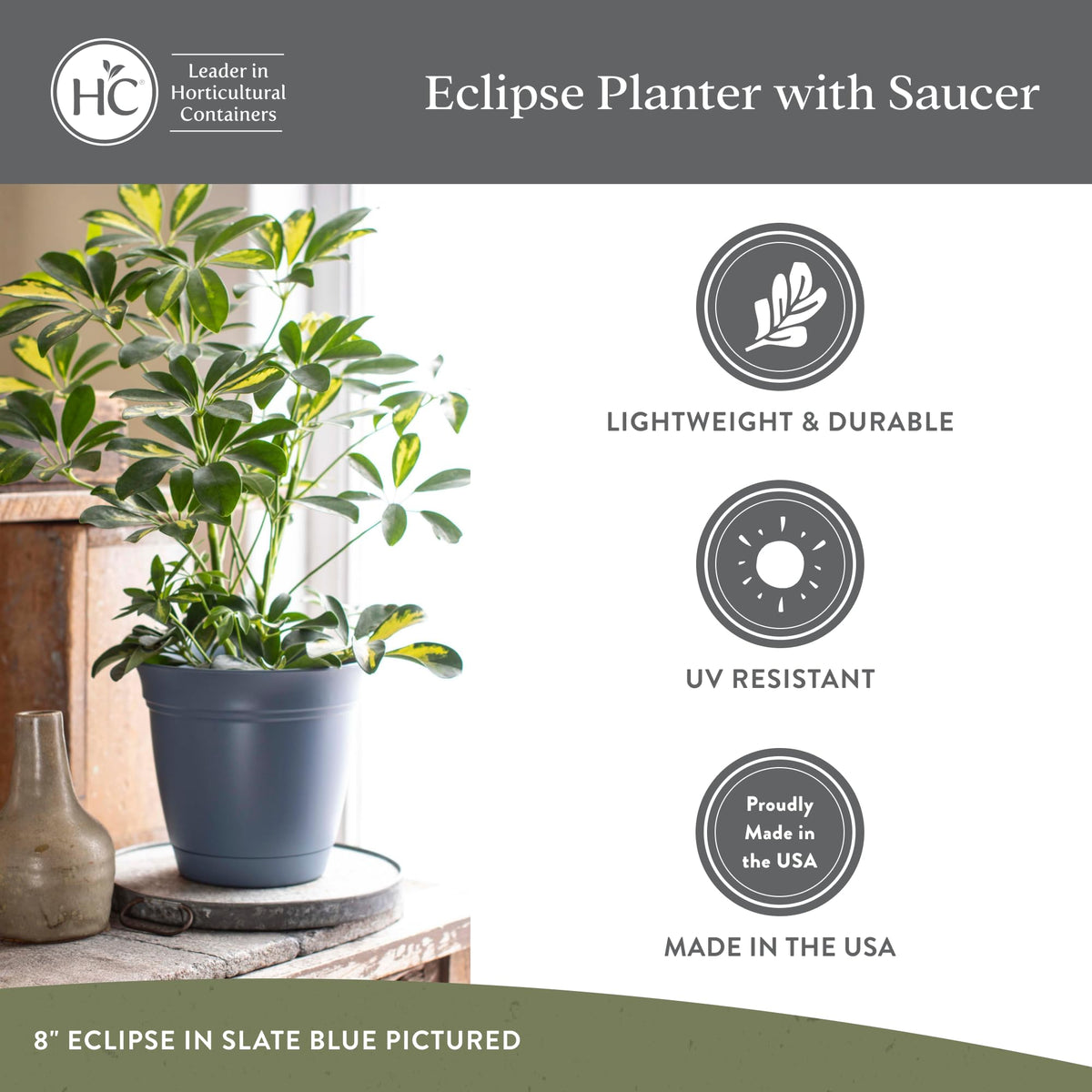 The HC Companies 6 Inch Eclipse Round Planter Pots with Drainage Holes & Attached Saucer, Lightweight UV-Resistant Plastic Indoor Outdoor Planters, 4-Pack Flower Pots for Garden & Home Decor, Seafoam