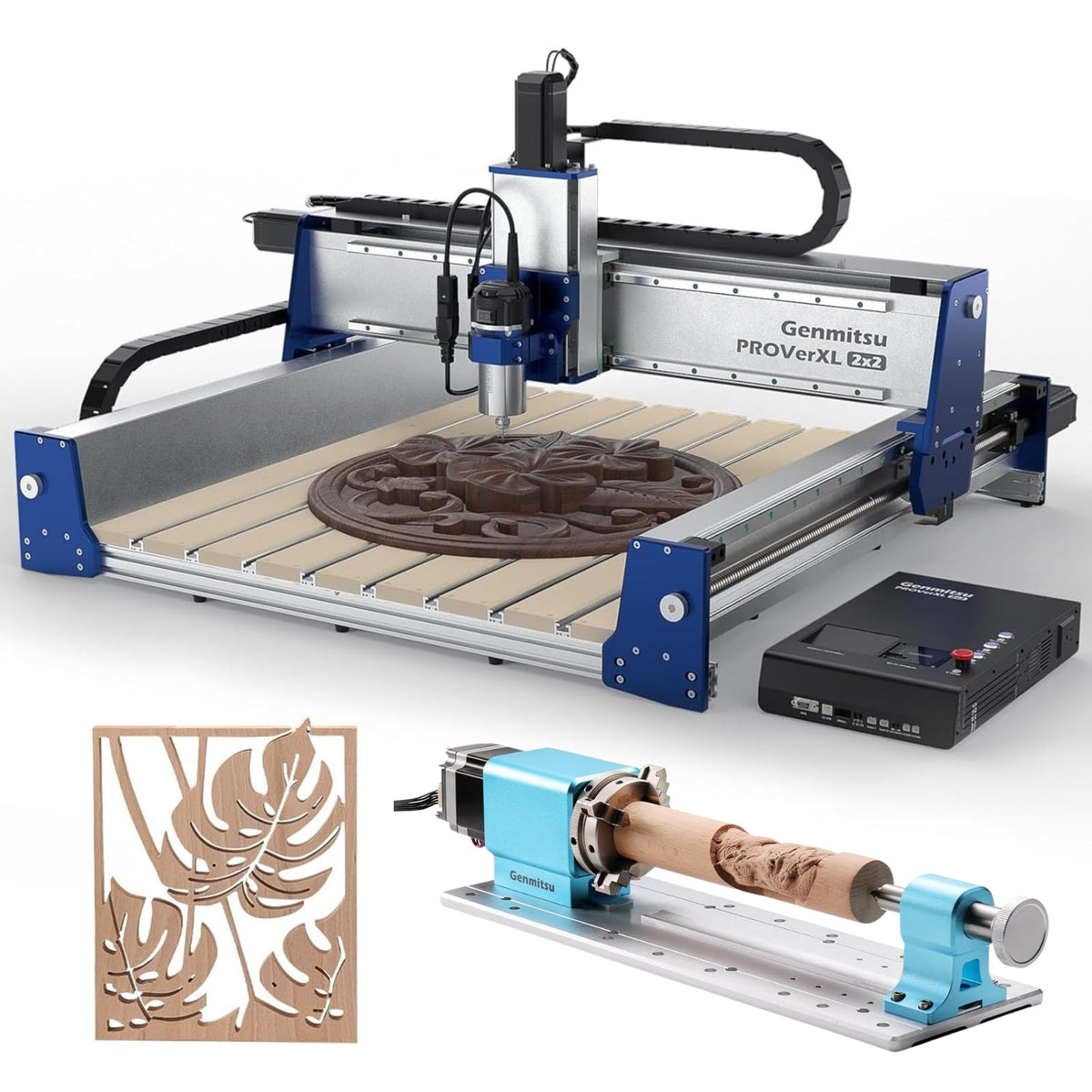 Genmitsu PROVerXL 2X2 CNC Router Machine for Woodworking + Rotary Module Kit,10:1 Speed Reducer, Clamped Range 15-275mm