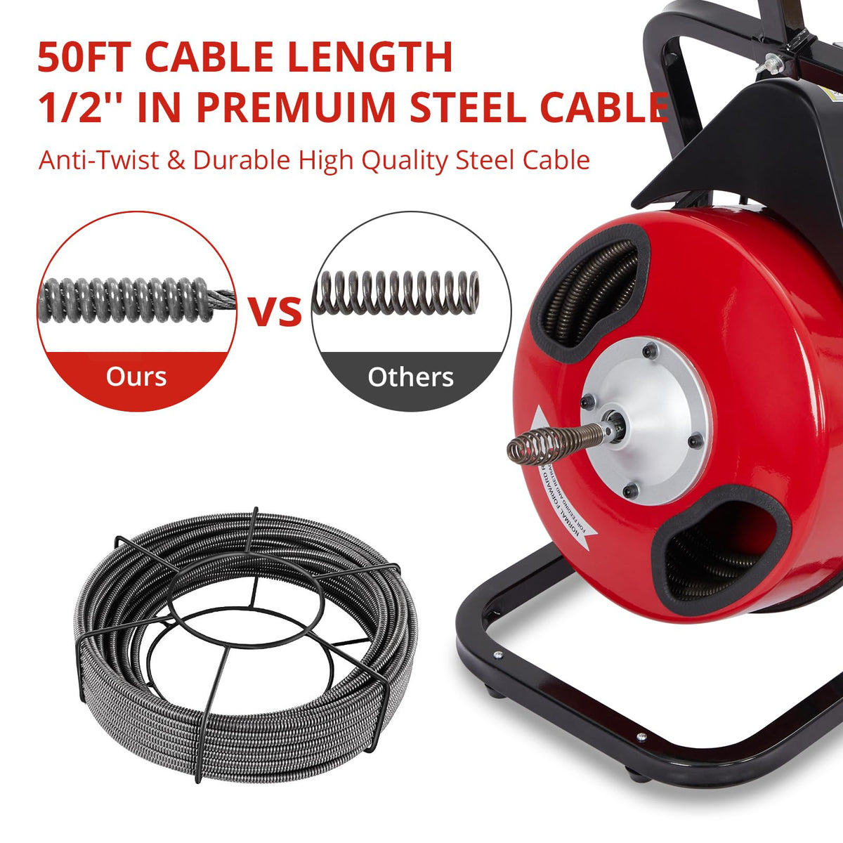Electric Drain Cleaner Machine, 50FT x 1/2" Cable, 250W Auto-Feed Sewer Snake, 4 Interchangeable Cutter Heads, Air Foot Switch, Portable Auger for 1"-4" Pipes, Home and Commercial Use