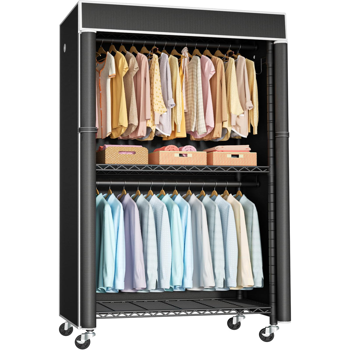 FUTASSI Clothing Rack with Cover, P1C Rolling Closets with Wheels, Metal Garment Rack for Hanging Clothes, Clothing Storage Wardrobe with Cover, 36.2" W x 16.5" D x 80.5" H, Black, Load 450 Pounds