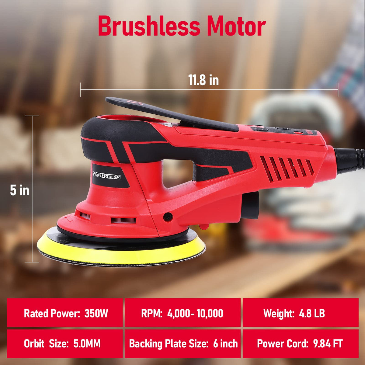 Electric Random Orbital Sander, PioneerWorks Brushless Motor, Powerful 350W & Low Vibration Palm Sander,10000 RPM Variable Speed,6-Inch Pads For Woodworking, Polishing, Sanding, Carpentry
