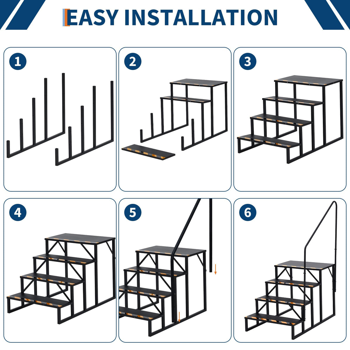 BouPower RV Steps with Handrail, 4 Steps RV Stairs w/Handrail, Wide Platform Steps for Hot Tub, Camper, Mobile Home & Porch, Safe Access for Elderly, Kids & Pets, Indoor/Outdoor Use