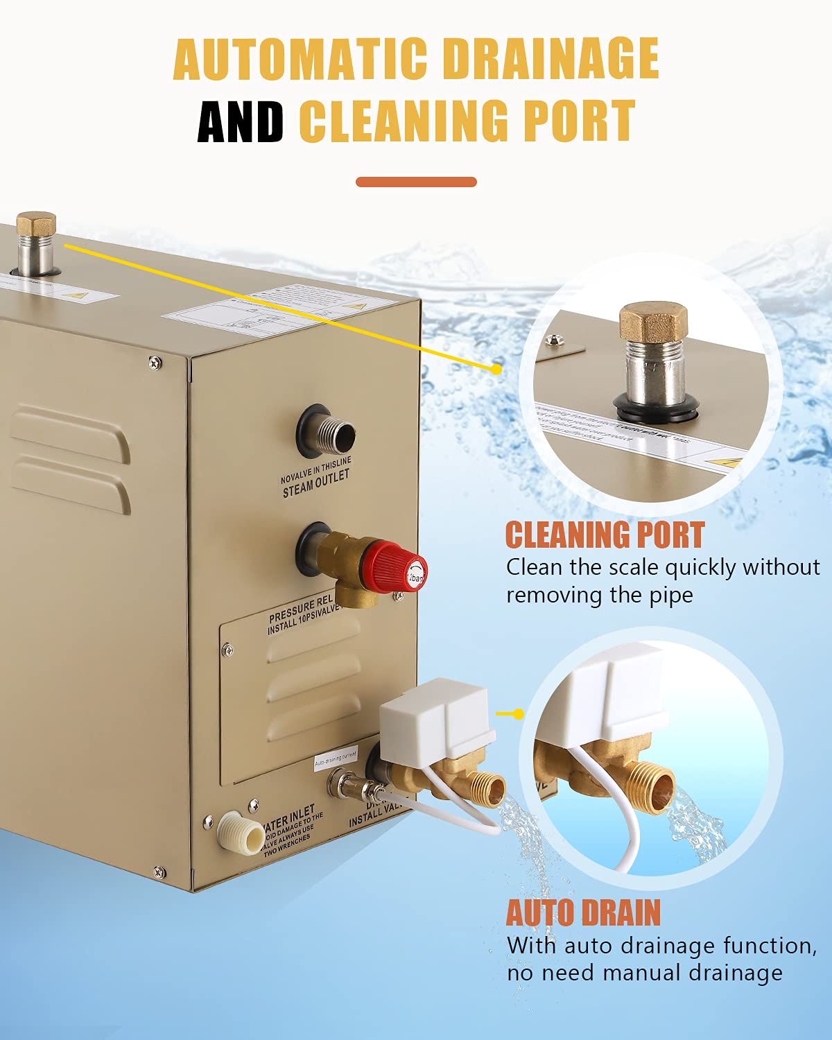 CGOLDENWALL 6KW Commercial Self-Draining Steam Generator Shower System Home Steam Bath Spa Generator 30 min to 12 Hours with Auto Drain 95-131℉ for Suitable Space Heating 6 m³/212 Cubic feet (6KW)
