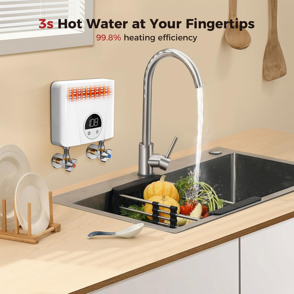CAMPLUX Tankless Water Heater Electric 120V, 3500W Point of Use Instant Hot Water Heater, Save Space for Sink Wall Mounted LED Digital Display CSA Certified
