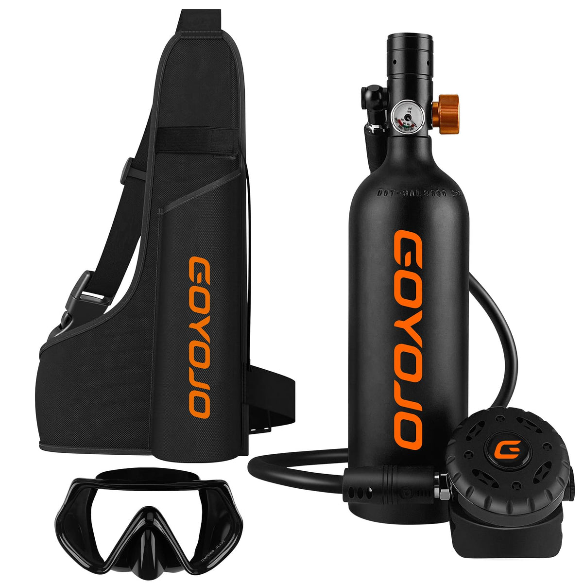 GOYOJO 1L Mini Scuba Tank with Mask – DOT Certified Portable Diving Air Tank, 3000 PSI Max Pressure, Pony Bottle Underwater Breathing Device for Snorkeling & Scuba Diving (Black)