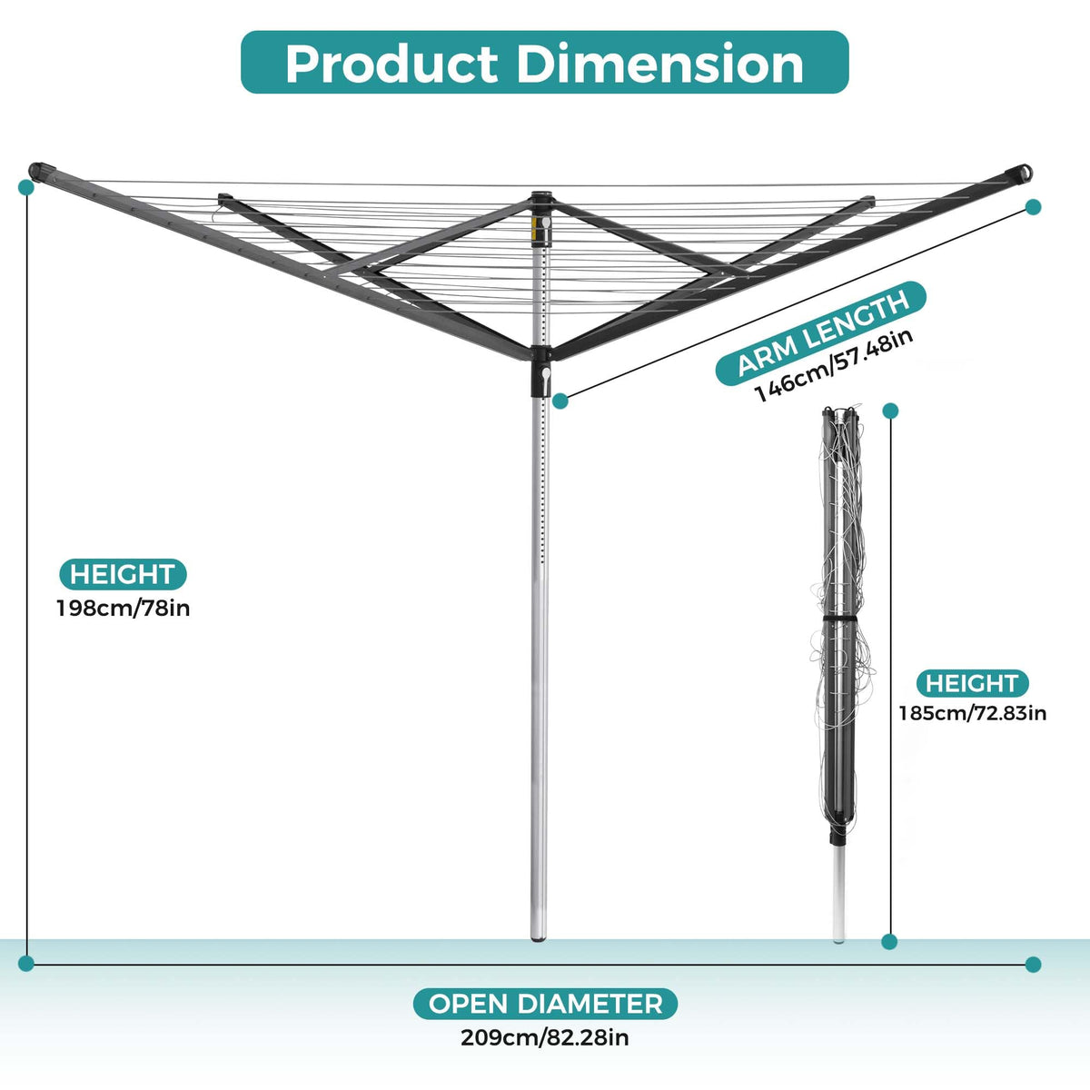 JS Clothes Drying Rack, 196ft Clothesline Height Adjustable Collapsible Laundry Rack for Outdoor Use, Space-Saving Drying Rack for Bedding & Clothing