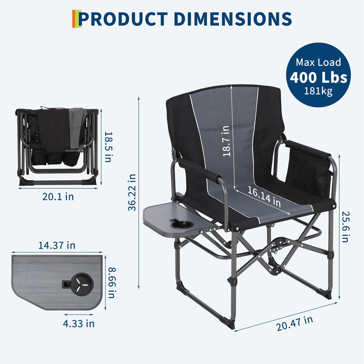 2 Pack Oversized Camping Directors Chair, Portable Folding Lawn Chairs for Adults with Side Table and Storage Pouch,Pocket for Beach, Fishing, Picnic,Concert,Tailgating, Heavy Duty Supports 330LBS