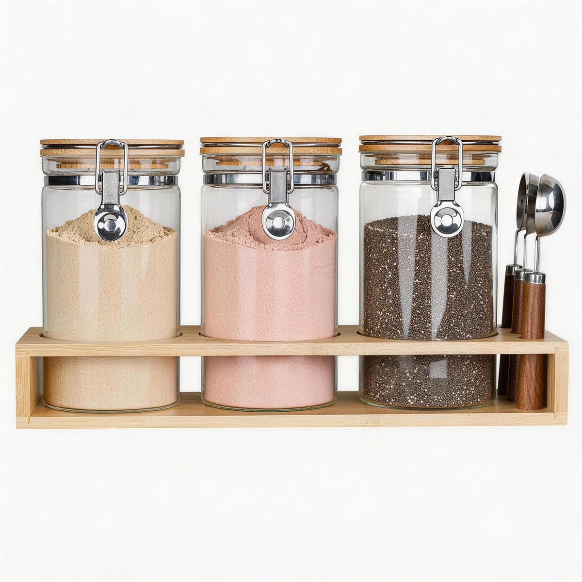 3-Pack Protein Powder Storage Containers with Bamboo Stand - 1200ml Large Borosilicate Glass Canisters for Collagen Powder & Supplements - Airtight Locking Lids & 3 Wood Handle Scoops, 40oz