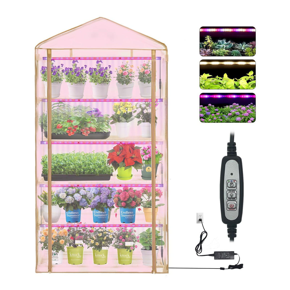 5 Tier Greenhouse with Grow Light ,Portable Greenhouse with Zippered PVC Cover for Seed Starting Trays , 75'' H x 40'' W x 19'' D Plant Light for Indoor Plant with Timer(PLGH1005OWPT)