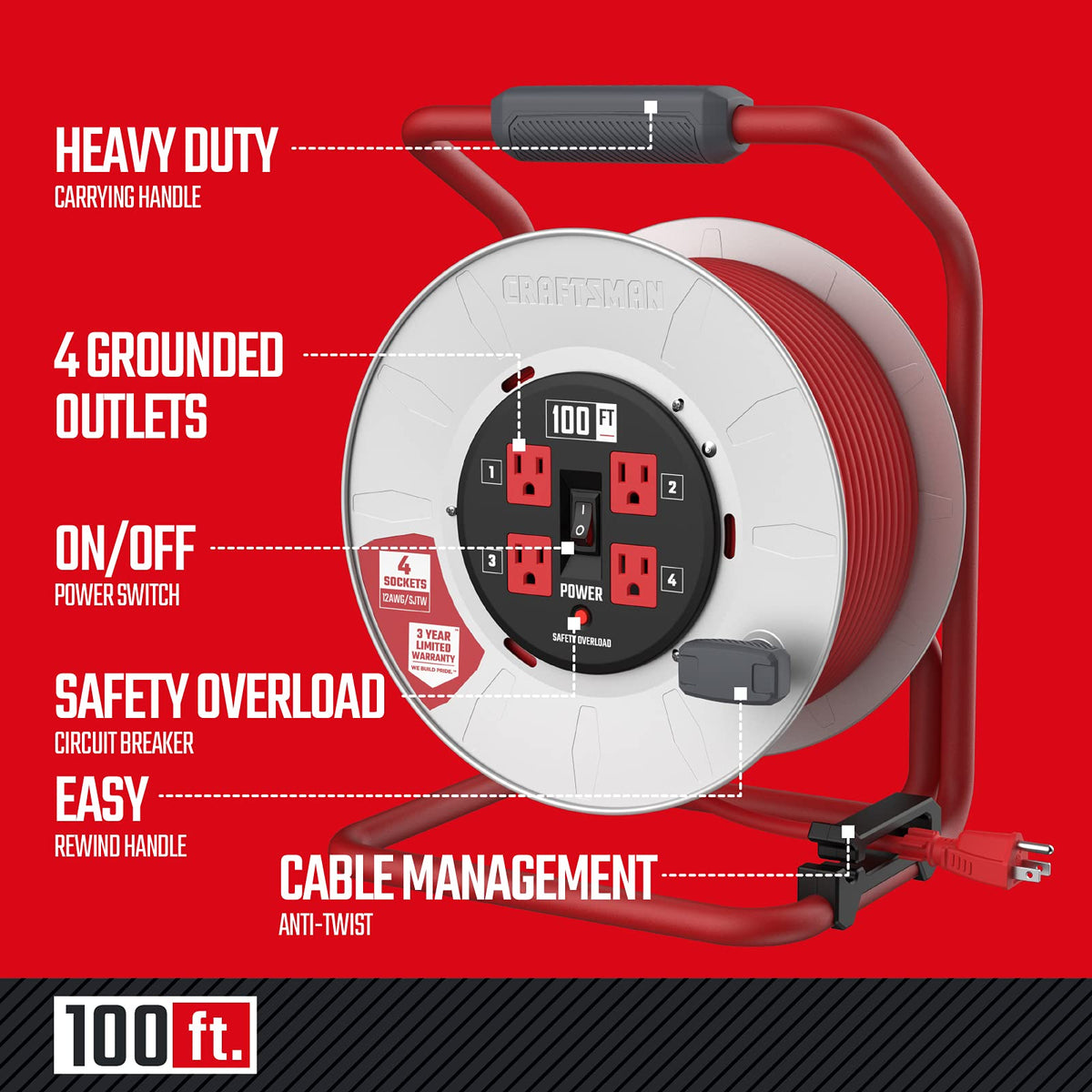 CRAFTSMAN 100 Ft. Contractor Retractable Extension Cord Reel with 4 Outlets & Heavy Duty 12AWG SJTW Cable