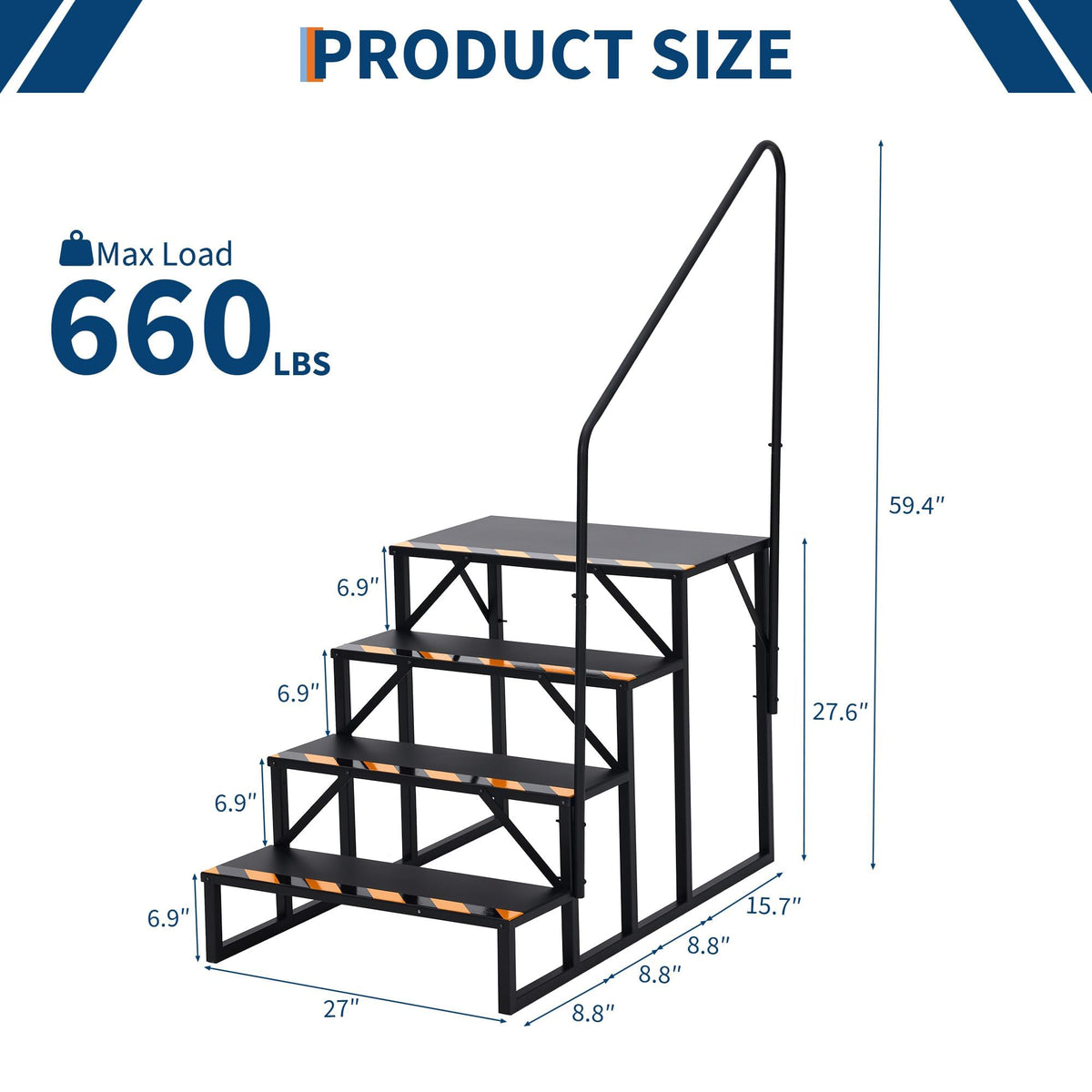 BouPower RV Steps with Handrail, 4 Steps RV Stairs w/Handrail, Wide Platform Steps for Hot Tub, Camper, Mobile Home & Porch, Safe Access for Elderly, Kids & Pets, Indoor/Outdoor Use