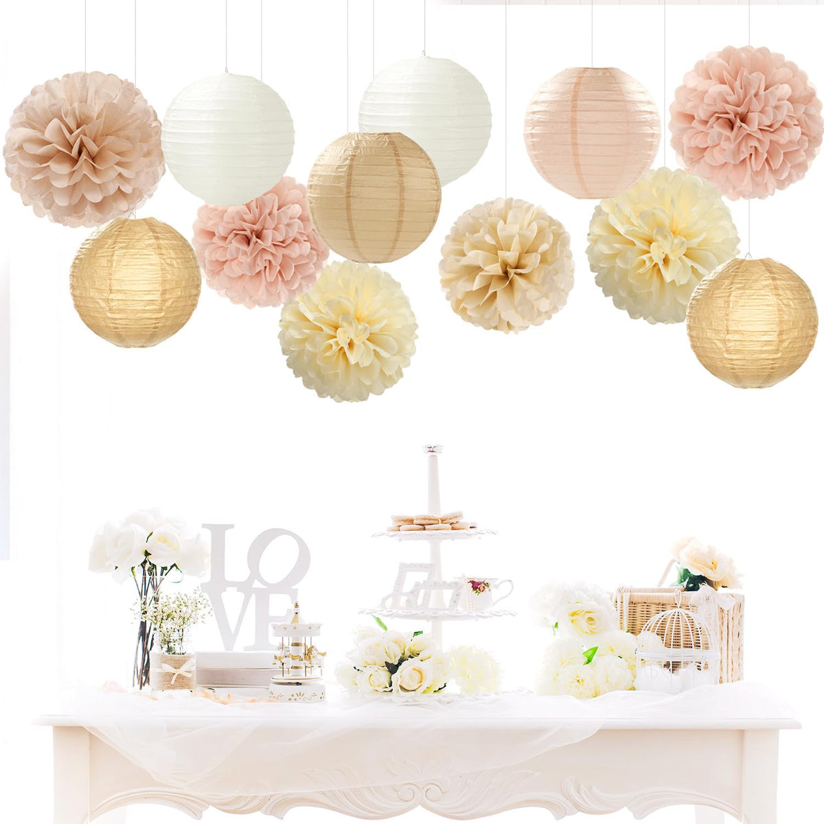 Champagne-Gold White Party-Decorations Paper-Flowers Lanterns - 15PCS Boho Fall Rustic Tissue Pom Poms Streamers,Wedding Baby Bridal Shower Neutral Autumn Birthday Hanging Supplies Decor Hugfond