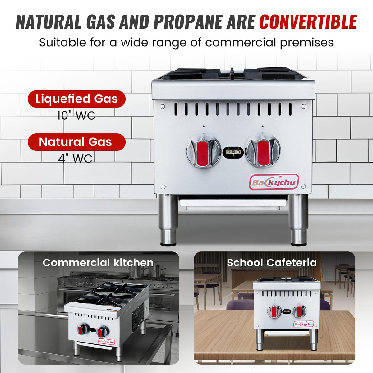 Backychu 2-Burner Commercial Gas Stove- 50,000 BTU Countertop Cooking Stove Range, Heavy-Duty Hot Plate, Stainless Steel Cooking Equipment for Restaurant, kitchens, Propane/Natural Gas