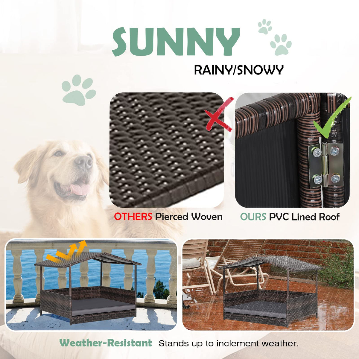 HAPPAWS Wicker Dog Bed House, Indoor Outdoor HDPE Rattan Dog Houses, Raised Dog Cot Pet House, Elevated Pets Sofa w/Washable Cover, Waterproof Roof Shelter, Removable Cushion Lounge