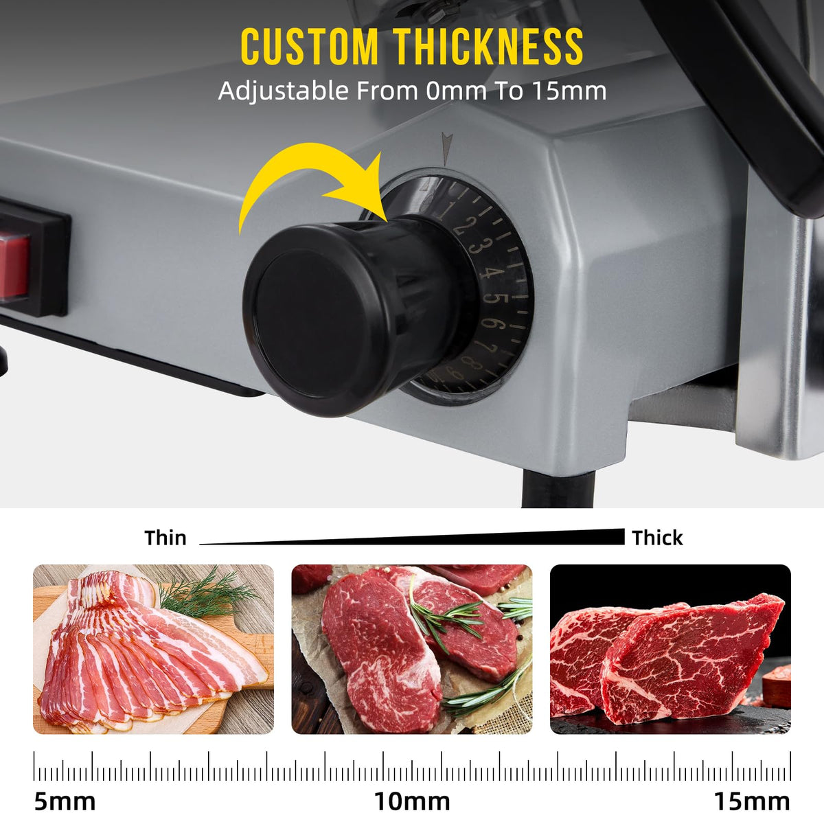 GarveeHome Electric Meat Slicer, 10 in Commercial Meat Slicer with Carbon Steel Blade, Stainless Steel Food Slicer, Meat Cutting Machine 0-0.6 in Adjustable Thickness for Meat Cheese Veggies, 240W