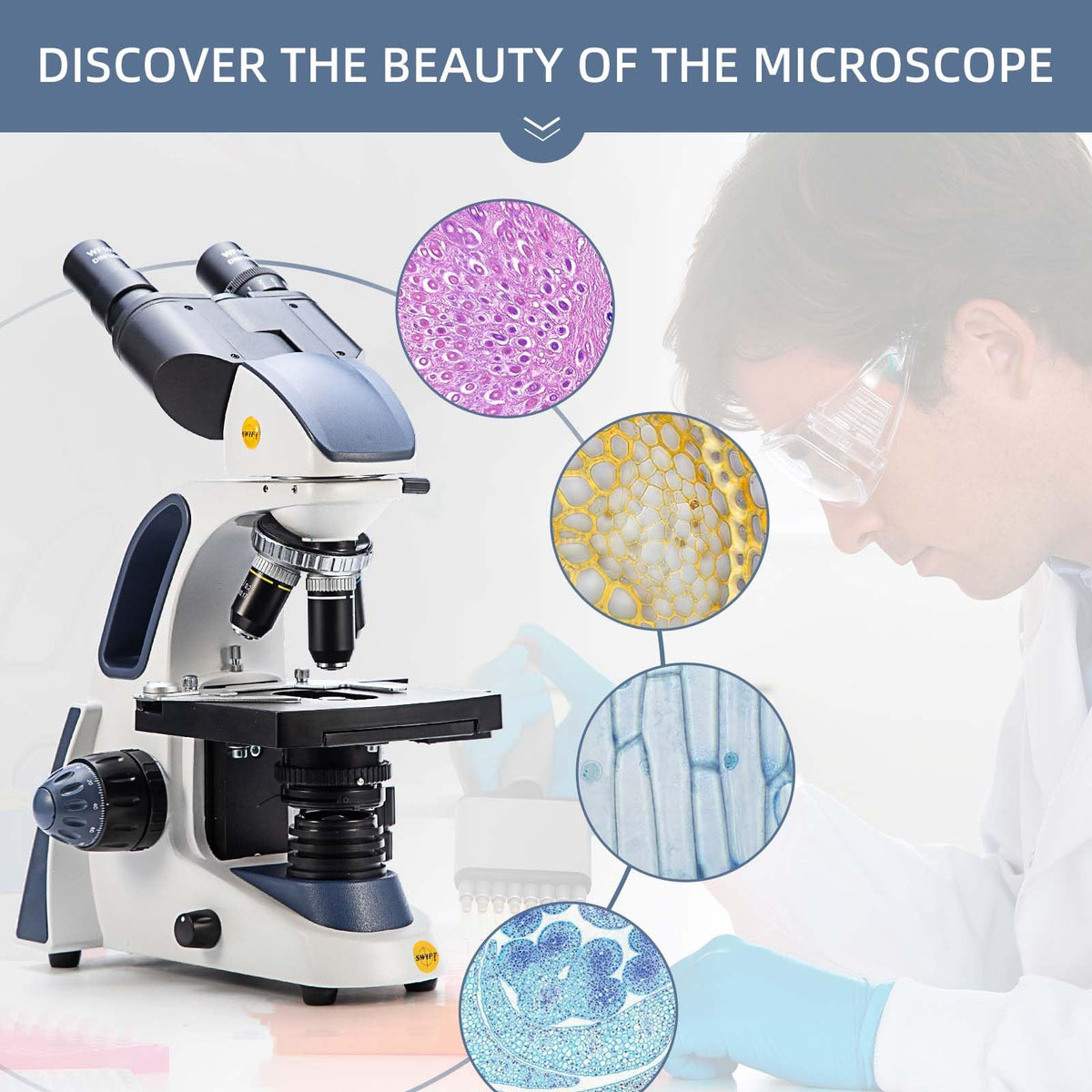 SWIFT SW380B Compound Binocular Microscope 40X-2500X, with 5MP USB Camera,Microscope Lens Adapter and 100 PCS Slide Kit