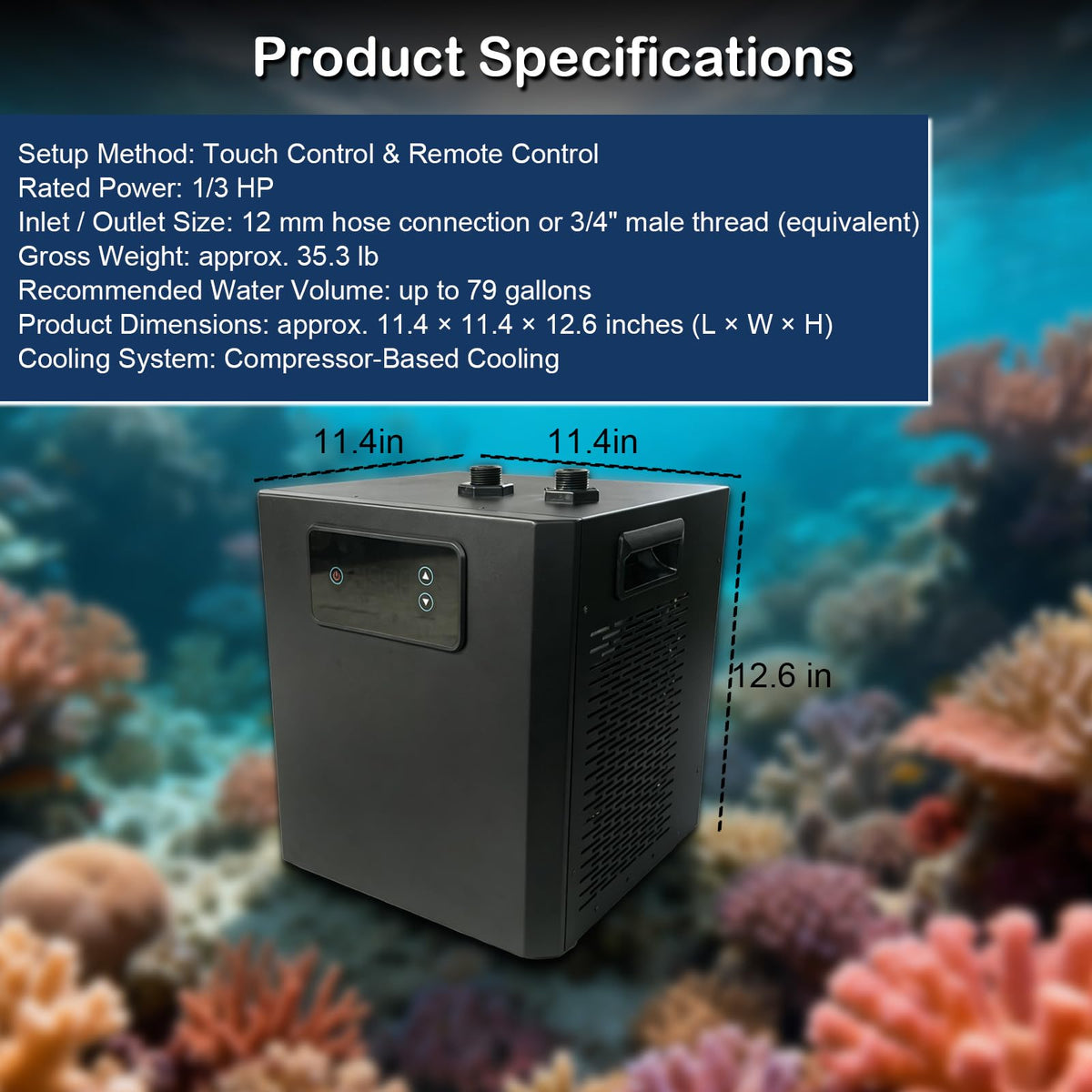 KIPPDURO Aquarium Chiller 79 GAL 1/3 HP, Quiet Fish Tank Water Chiller with LED Touch Screen, Fast Cooling Compressor, Temperature Control for Aquarium, Coral Reef, Hydroponics, Axolotl (300 L)