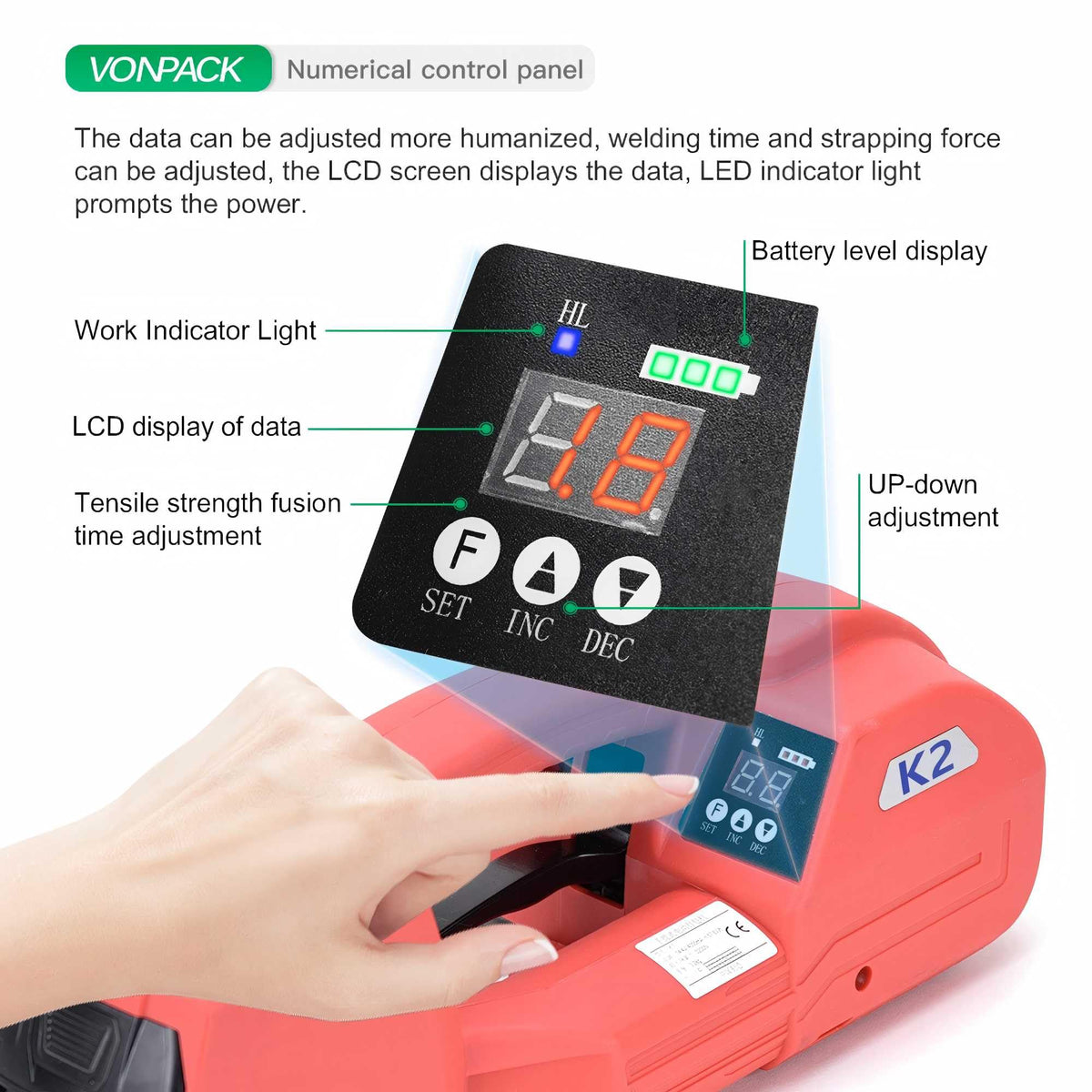 VONPACK Electric Strapping Machine with Digital Display Screen, Strapping Tool for Width 1/2-2/3 inch 1X4000mAh Battery Handheld Banding Tool for PP PET Packaging Machine for Carton Pallet Wood
