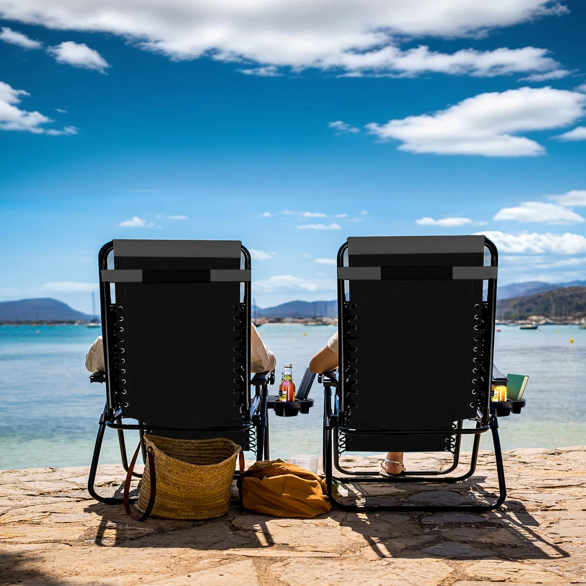 Nestl Outdoor Padded Zero Gravity Chair, Patio Lounge Chair Outdoor Recliner, Oversized Anti Gravity Lounger with Adjustable Headrest and Cup Holder, Foldable for Camping, Yard - Black/Grey