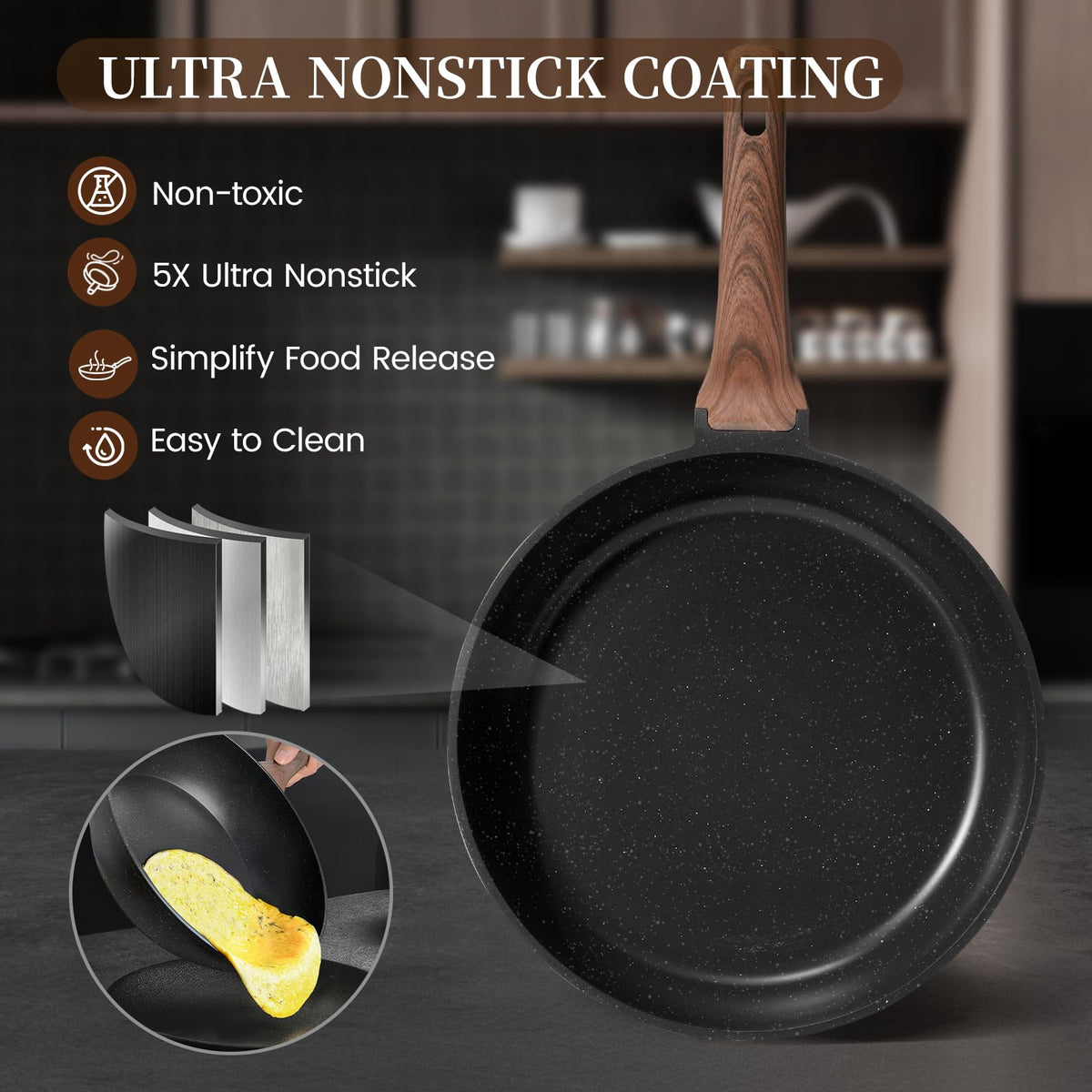 Kikcoin 16Pcs Ceramic Pots and Pans Set Non Stick, Includes a 9.5" Grill Pan, Induction Kitchen Cookware Sets, Black Nonstick RV Kitchen Camping Cooking Sets Stackable (PTFE, PFOS, PFOA Free)