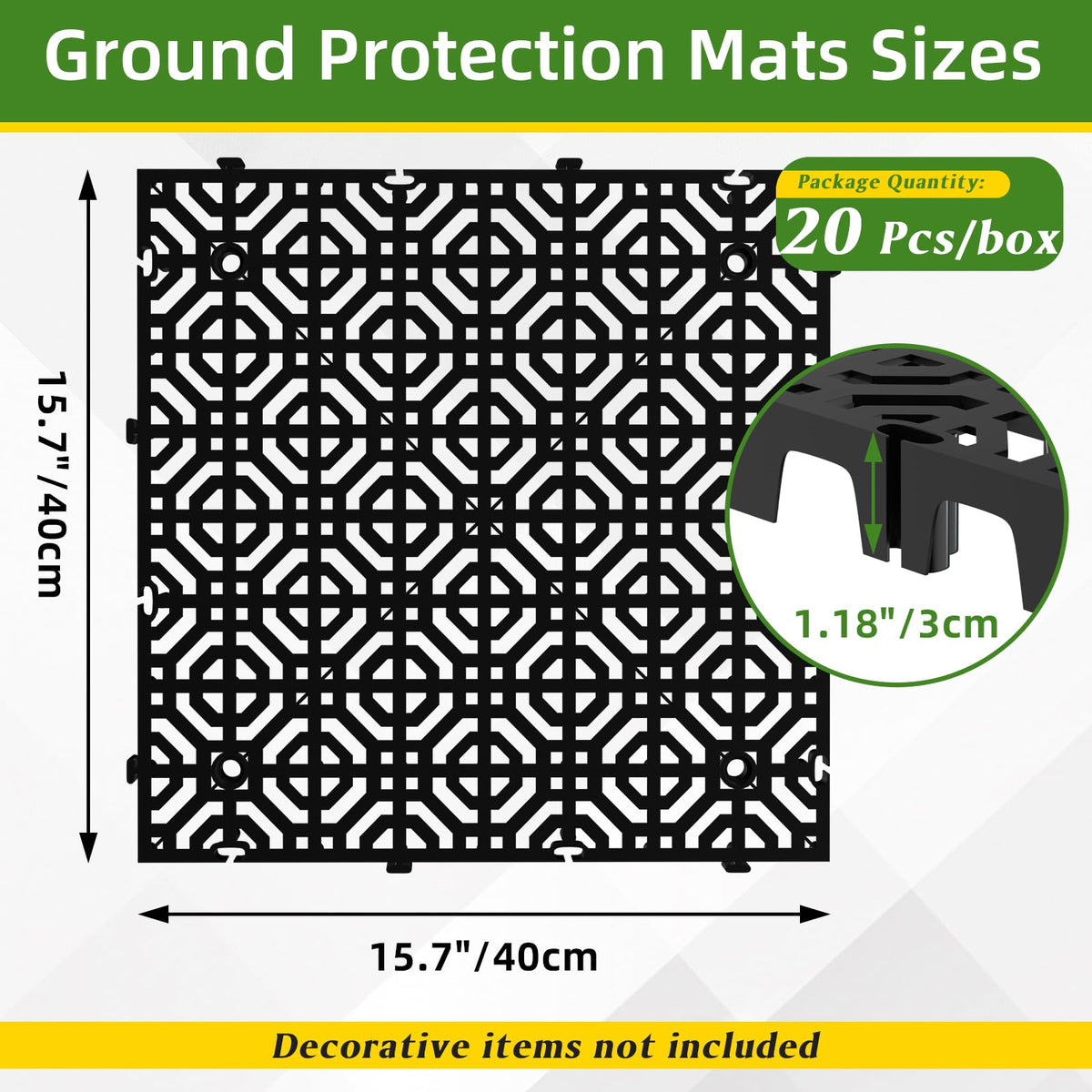 20 Pcs 15.7" x 15.7" Heavy Duty Ground Protection Mats, Interlocking Non-Slip Floor Mat, Heavyweight Gravel Grid Drive on Lawn, 6613 lb Load Permeable Paver for Parking, Outdoor Event Flooring, Black