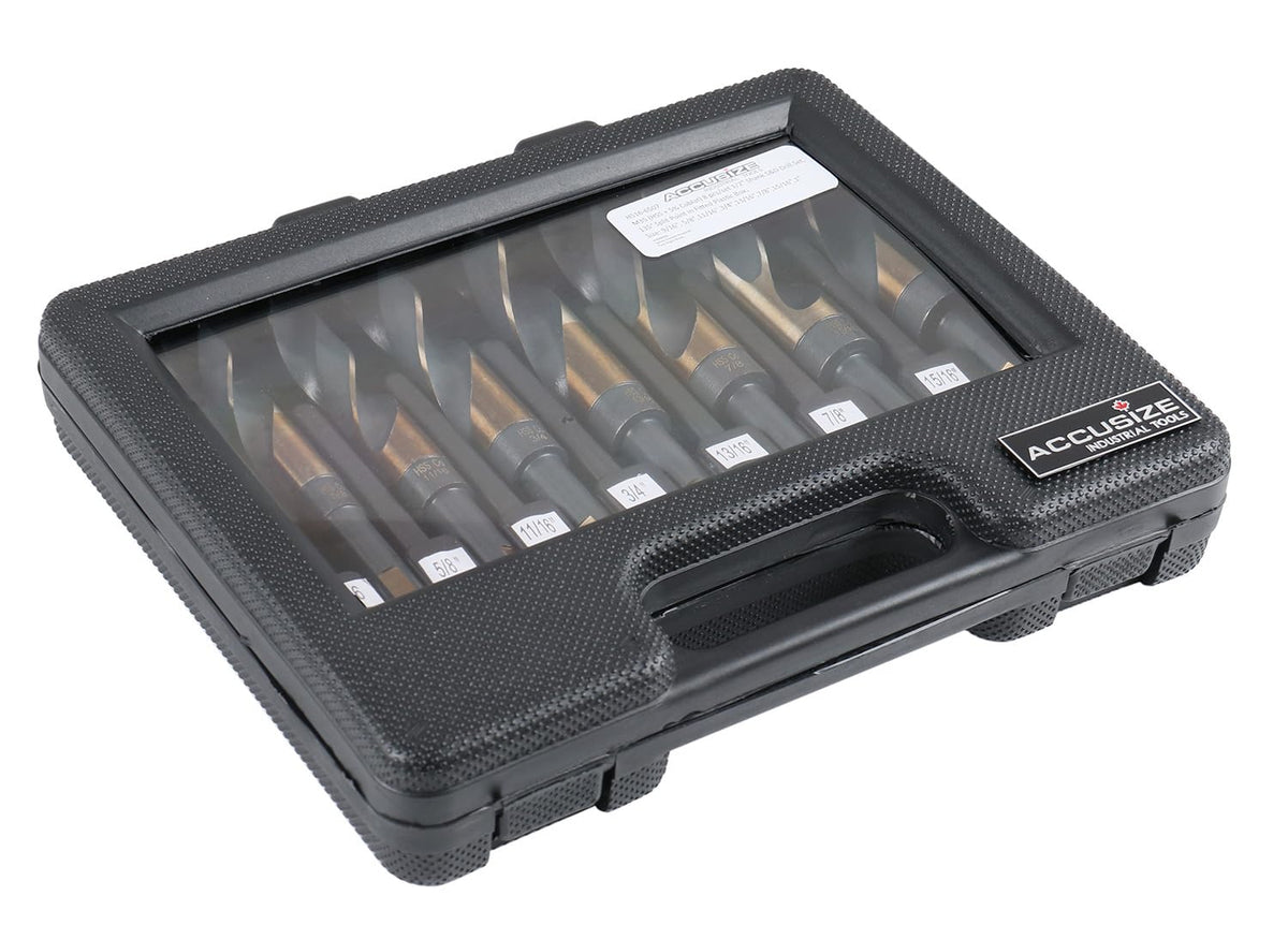 Accusize Industrial Tools M35 (H.S.S.+5% Cobalt) 1/2" Shank and Drill - 9/16" to 1", Set of 8 Pieces, H516-6507