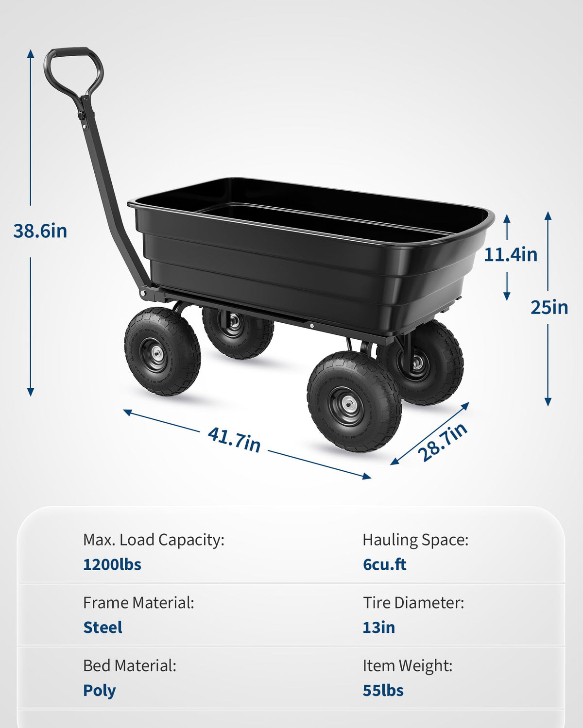 1200LB Capacity Heavy Duty Garden Utility Wagon, All-Terrain Dump Cart with 180° Adjustable Handle & Quick Release for Soil, Plants, Tools, Black