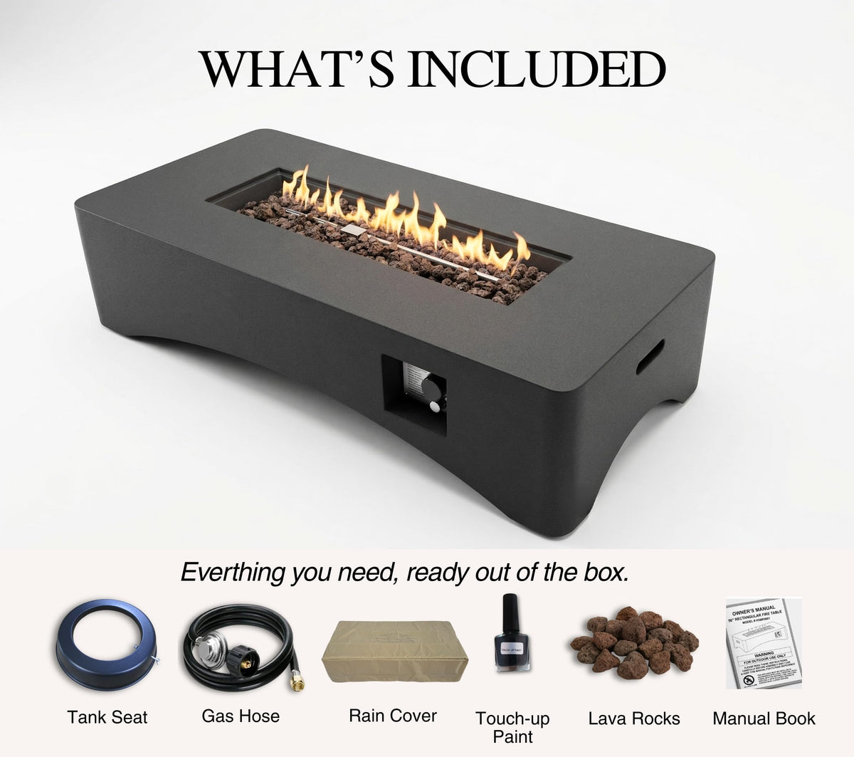 KEIKI 56" Rectangular Propane Gas Fire Pit Table, 50,000 BTU Modern Outdoor Concrete Fire Table with Lava Rocks, Waterproof Cover, Tank Seat, No Assembly for Patio Backyard Deck, Dark Grey