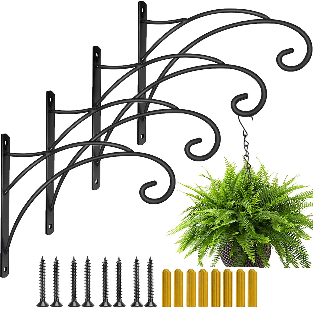 Hanging Plant Brackets, Pack of 4 Iron Hanging Basket Bracket Durable Weather-Resistant Outdoor Plant Hooks for Hanging Plant Lantern Windchime Birdhouse Metal Sign Fruit Bracket, Screw Included