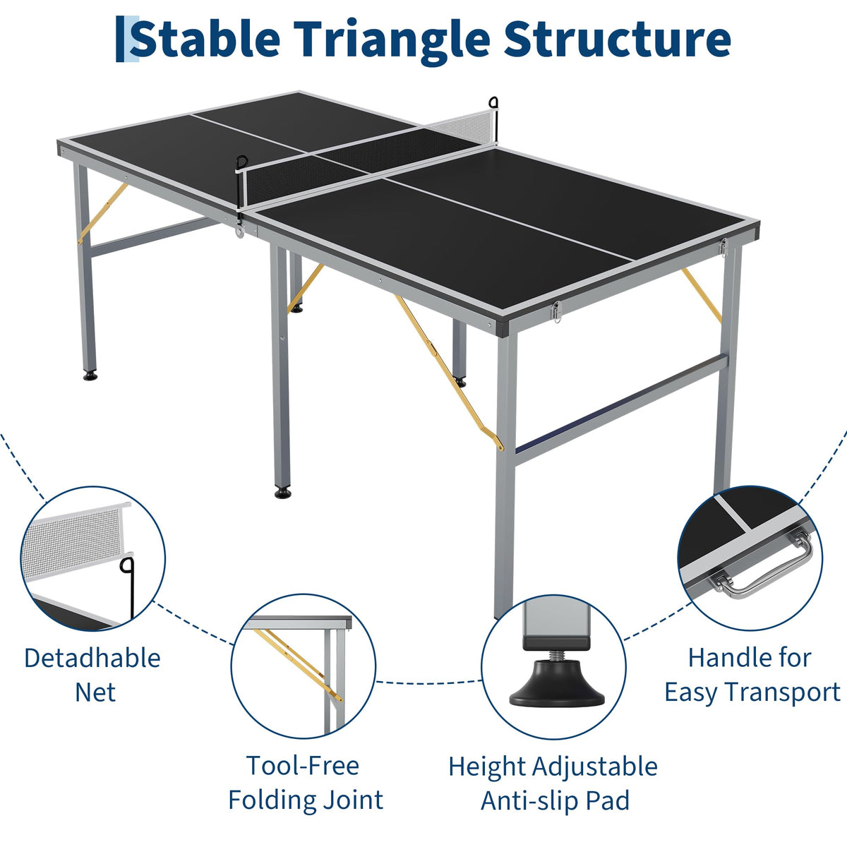 6x3ft Mid-Size Professional Portable Folding Ping Pong Table - Indoor/Outdoor Table Tennis Game Set with Net, 2 Paddles & 4 Balls for Adults and Teens- Quick Assembly