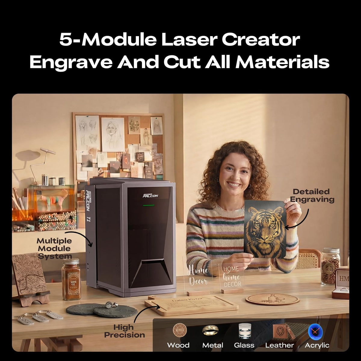 Creality T1 Diode 20W Laser Engraver Machine, Modular Galvo System with Fiber/UV/MOPA Support, 10,000mm/s Ultra-Fast Engraving, 15s Quick-Swap Design, AI Smart Batch Engraving for Wood Leather Acrylic