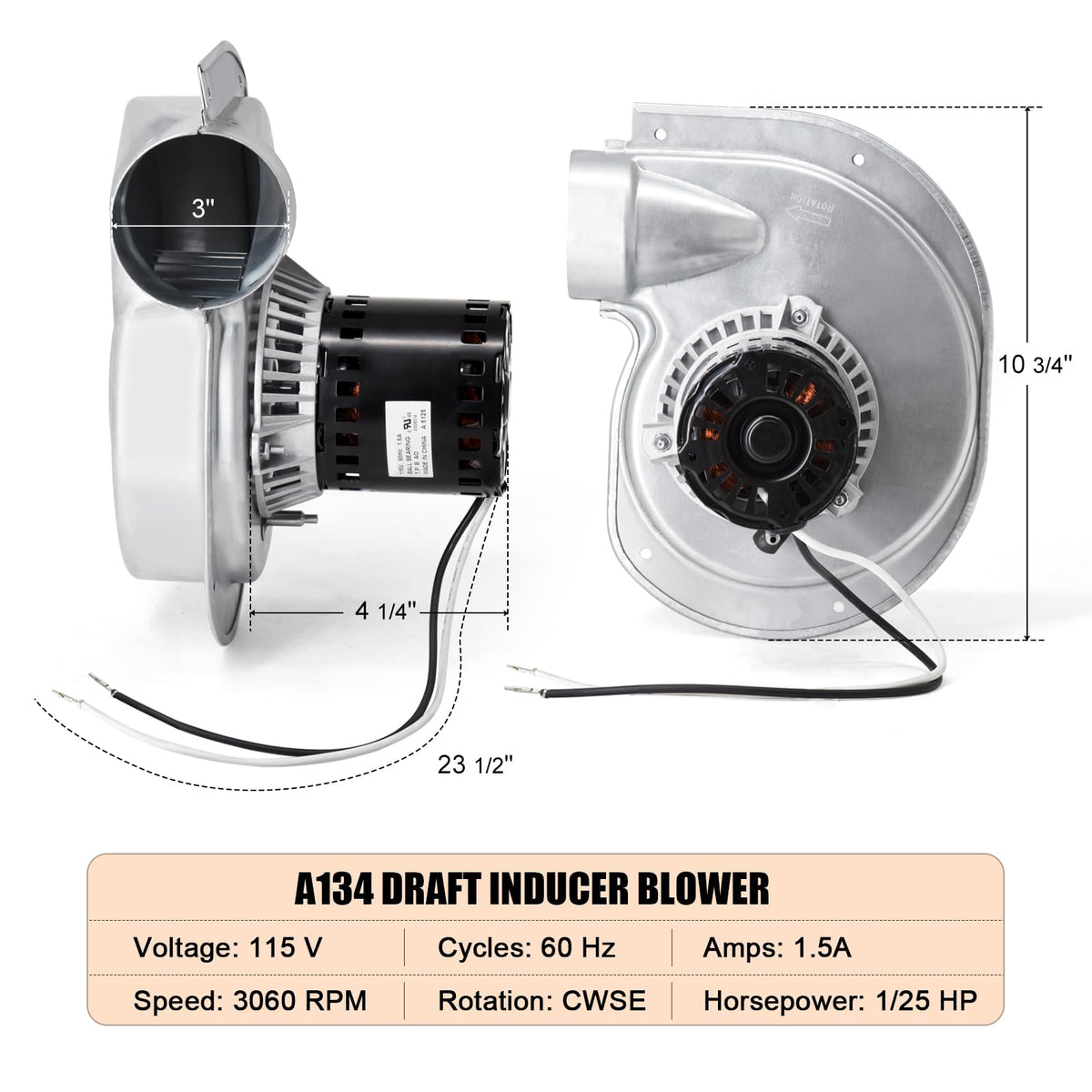Criditpid A134 Furnace Draft Inducer Blower Motor for Fasco 1010975, 1010324, A172, Inter City 7021-9335, 7021-8735, 7021-9499, 7021-8736, Rotom FB-RFB383, 3.3" Shaded Pole Specific Purpose Blower